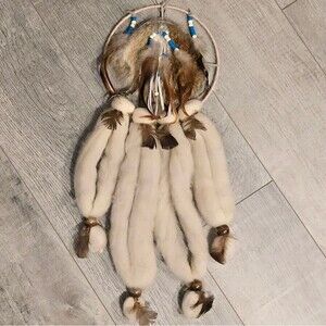 Vintage Native American Mandala Dream Catcher Fur Wool Feathers Beaded